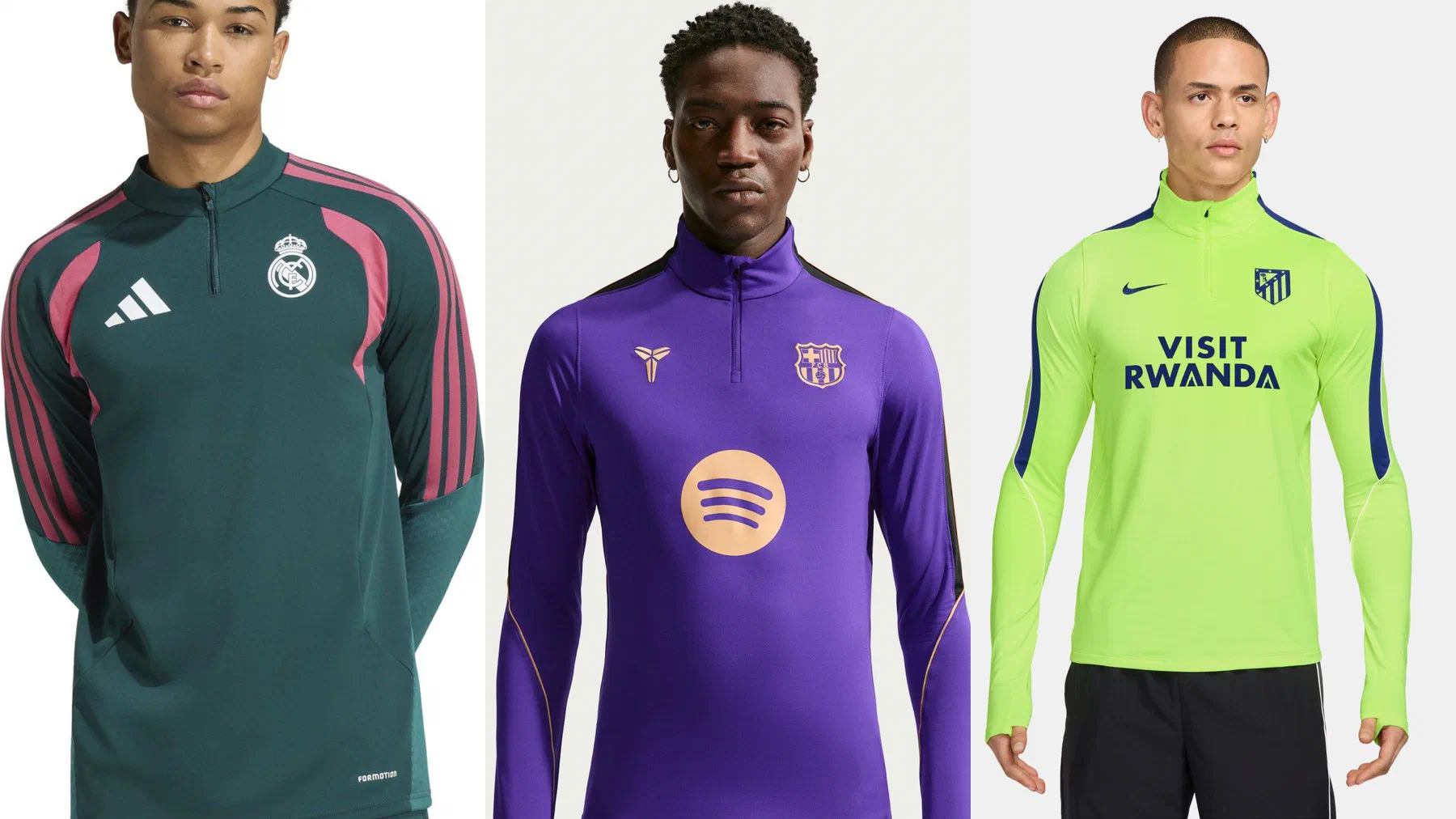 Sweats d'entraînement du Real Madrid vert sapin, du FC Barcelone violet et de l'Atlético de Madrid jaune fluo portés