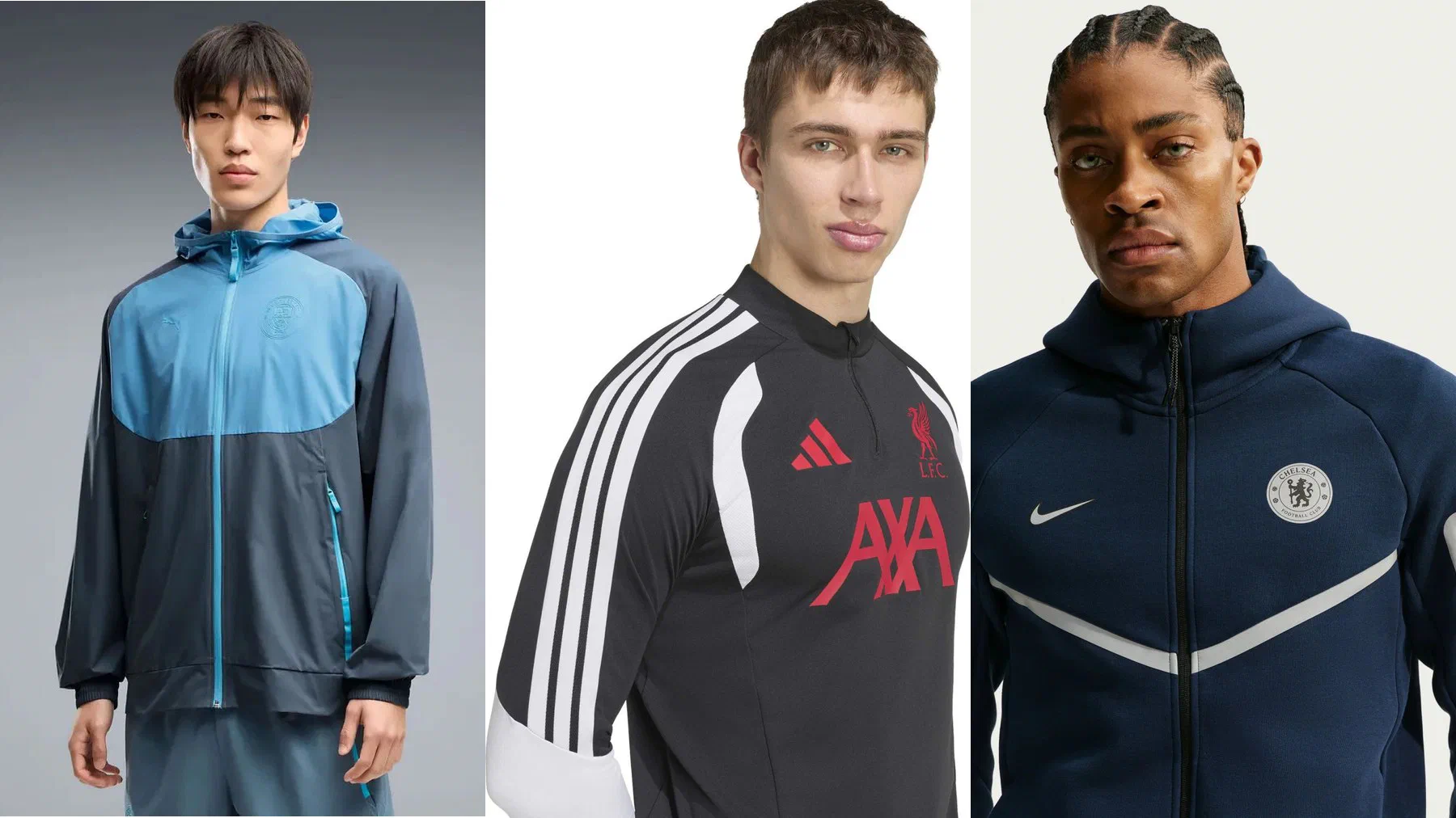 Veste PumaTech Woven Manchester City bleue, haut d'entraînement adidas Liverpool noir à bandes blanches et veste Tech Fleece Chelsea marine portés
