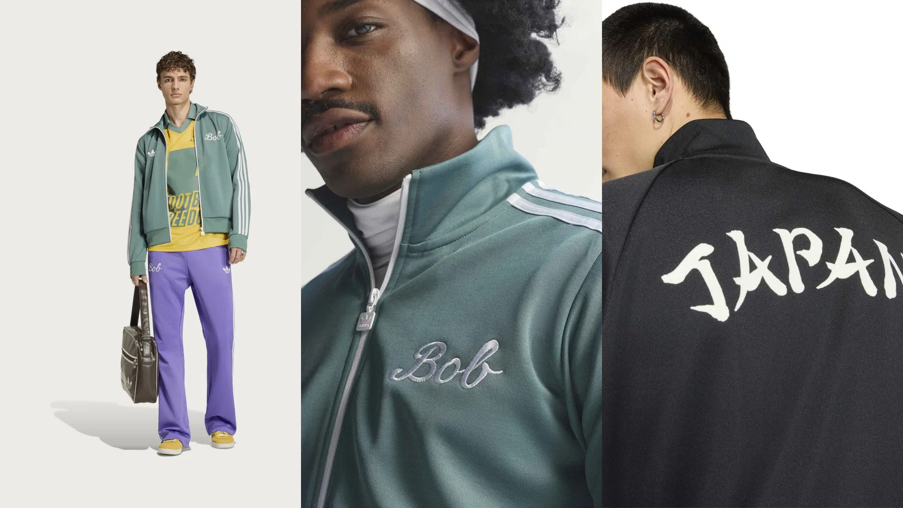 Veste adidas Originals Bob Marley vert sauge et pantalon violet évasé, gros plan sur la broderie Bob, dos de la veste Japon Originals noire