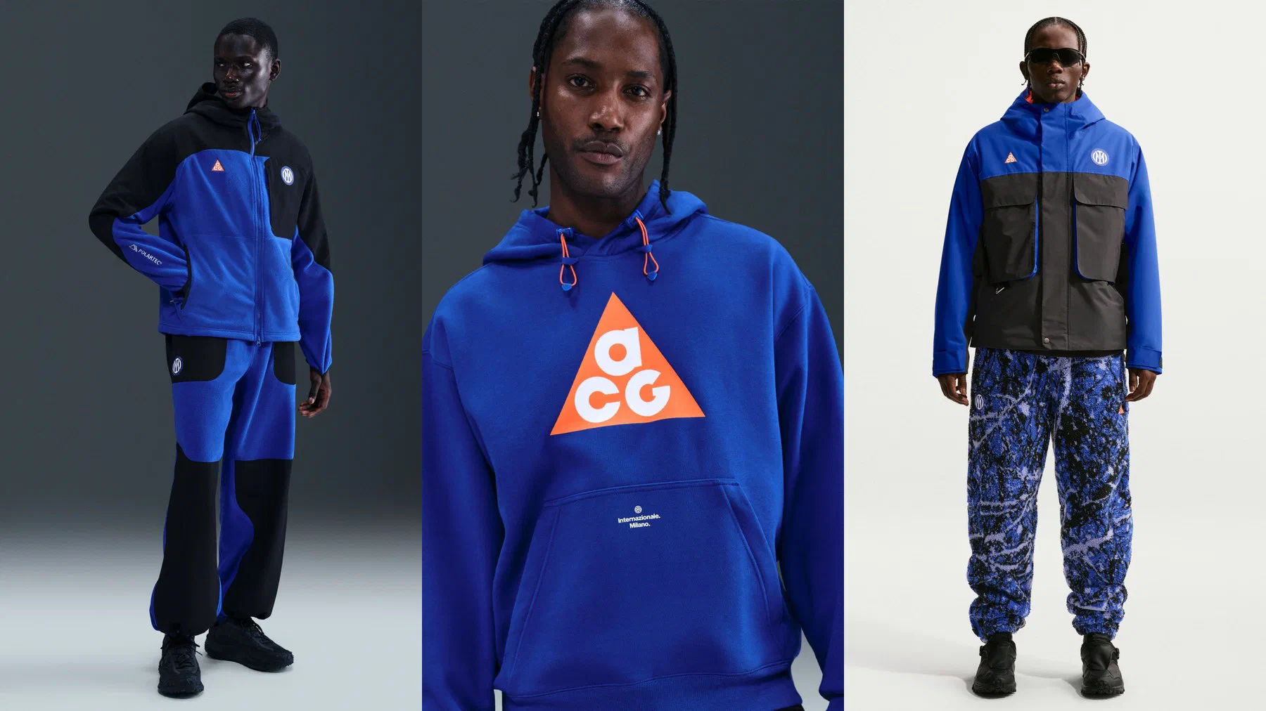 Veste polaire Inter Milan ACG bleue et noire avec son pantalon, hoodie bleu au grand logo ACG orange, veste Storm-FIT grise et bleue