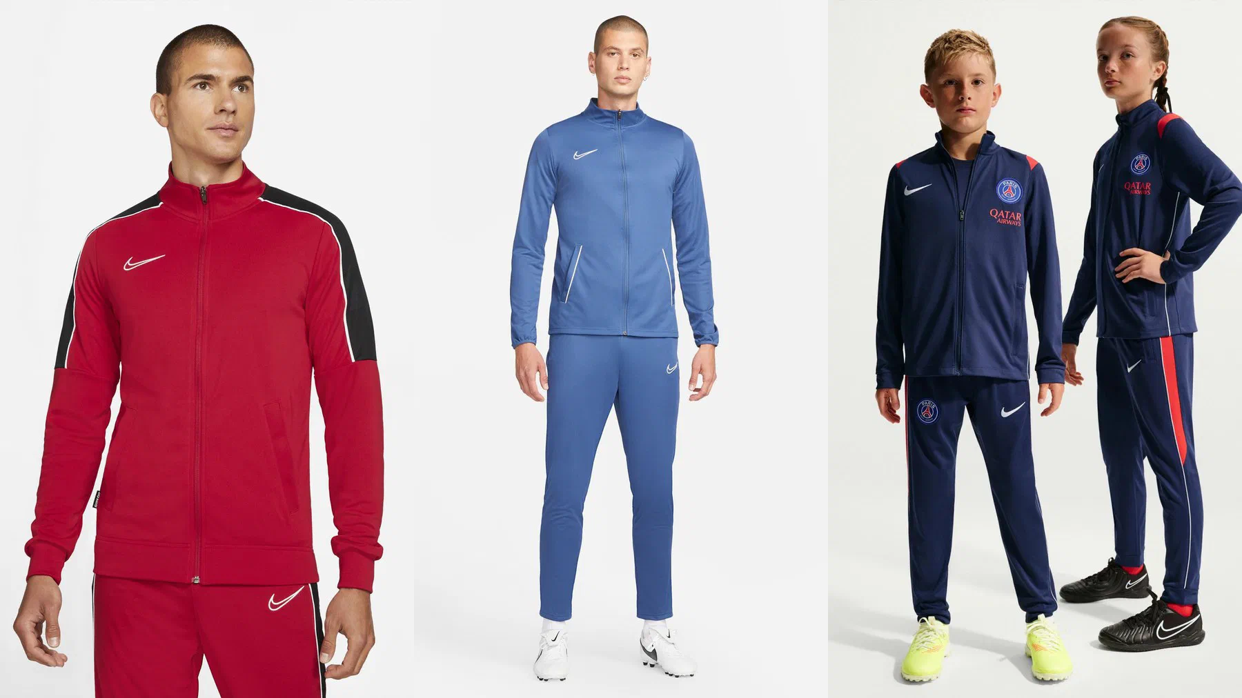 Veste Nike Academy rouge à épaules noires, survêtement Academy bleu porté en entier et deux enfants en survêtement PSG Academy Pro bleu marine