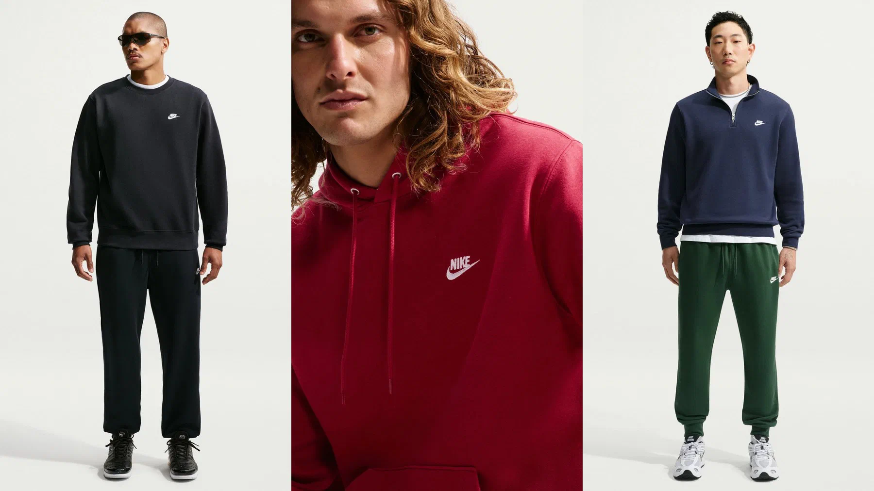 Pantalon Nike Sportswear Club noir porté avec un sweat noir, sweat à capuche Nike Club rouge, pantalon Club vert porté avec un sweat bleu marine