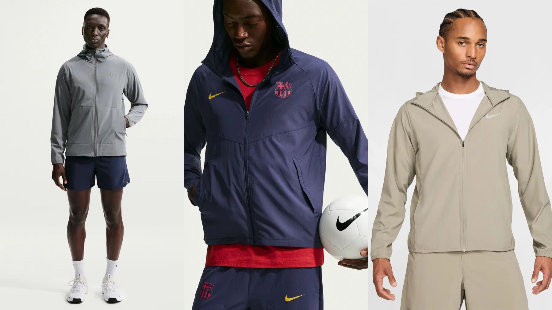 Veste à capuche Nike Unlimited grise portée avec un short, veste running du FC Barcelone bleu marine et veste à capuche Nike Form kaki