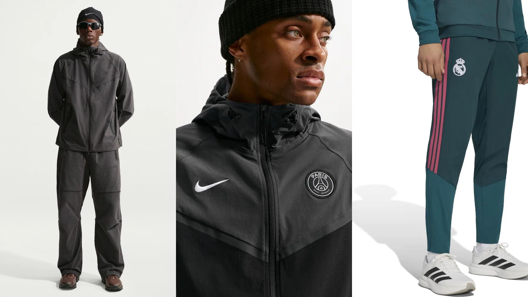 Ensemble Nike Tech Woven gris anthracite porté avec un pantalon large, gros plan sur la veste tissée PSG noire et pantalon tissé Real Madrid vert à bandes roses
