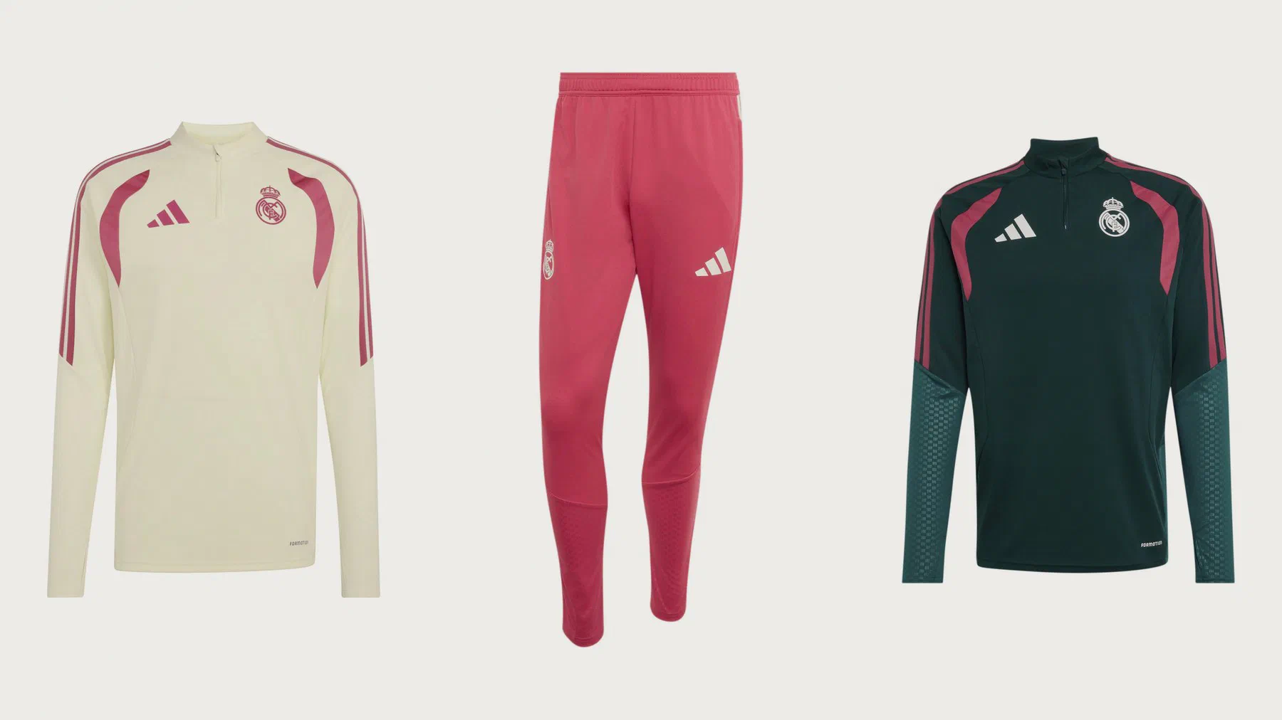 Sweat Real Madrid ivoire à bandes roses, pantalon Real Madrid rose et sweat Real Madrid vert à bandes roses