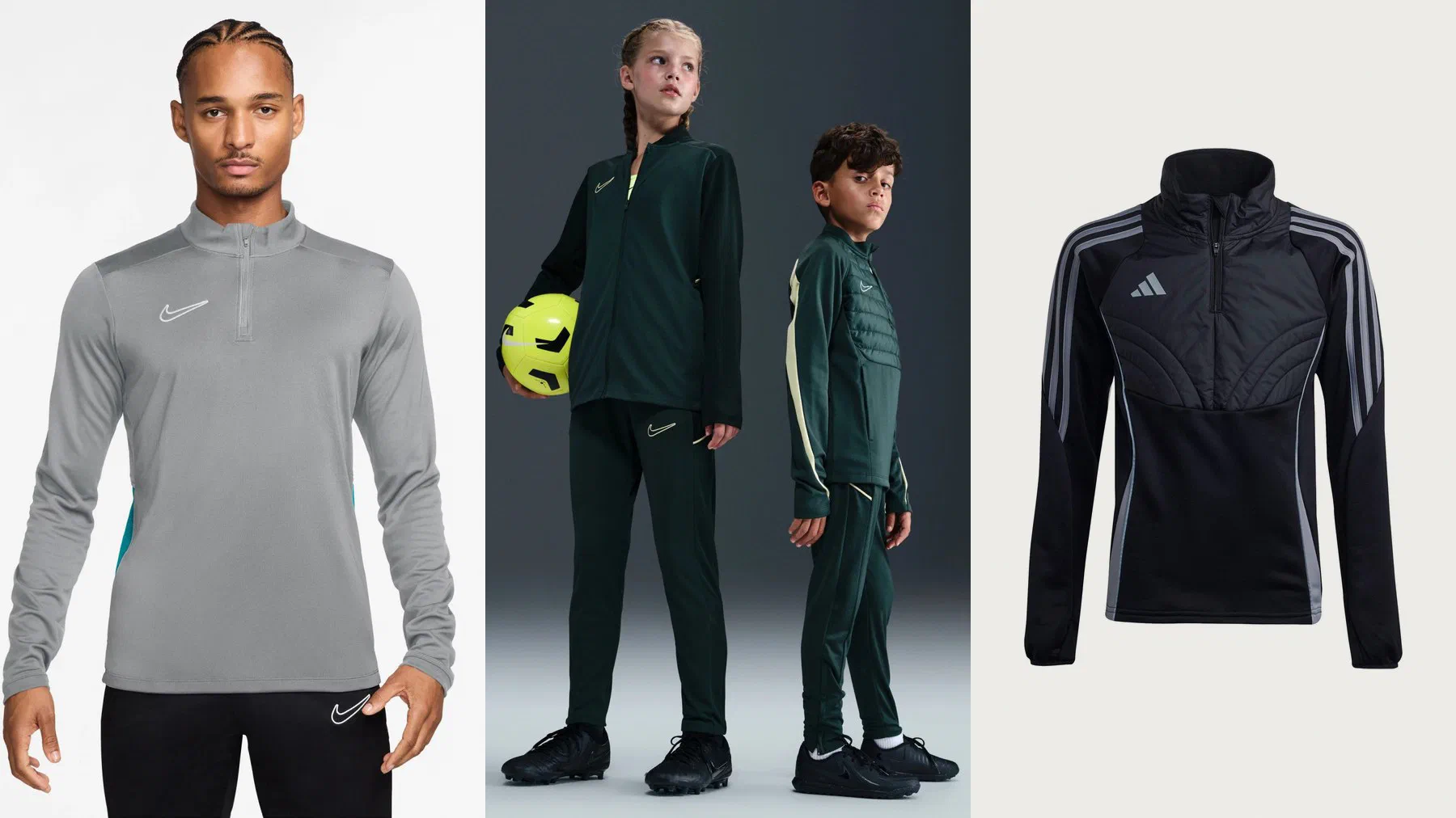 Haut d'entraînement Nike Academy gris, jeunes joueurs en ensemble Academy vert foncé et sweat adidas Tiro junior noir