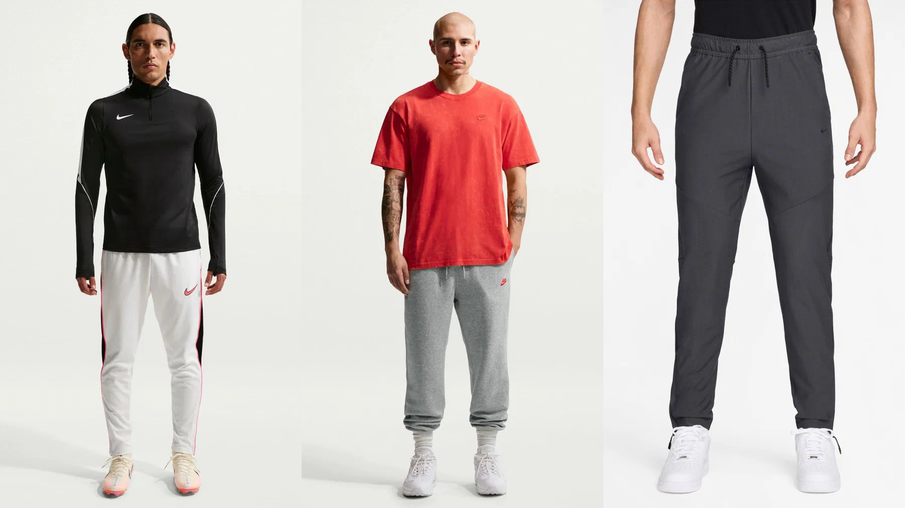 Ensemble Nike Strike noir en maille polyester, pantalon Nike Club en molleton gris et pantalon Nike Tech Woven tissé gris anthracite