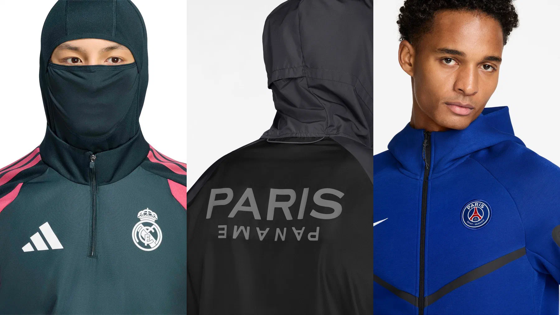 Sweat Real Madrid vert avec cagoule intégrée, capuche d'un coupe-vent PSG noir vu de dos et veste Tech Fleece PSG bleu roi