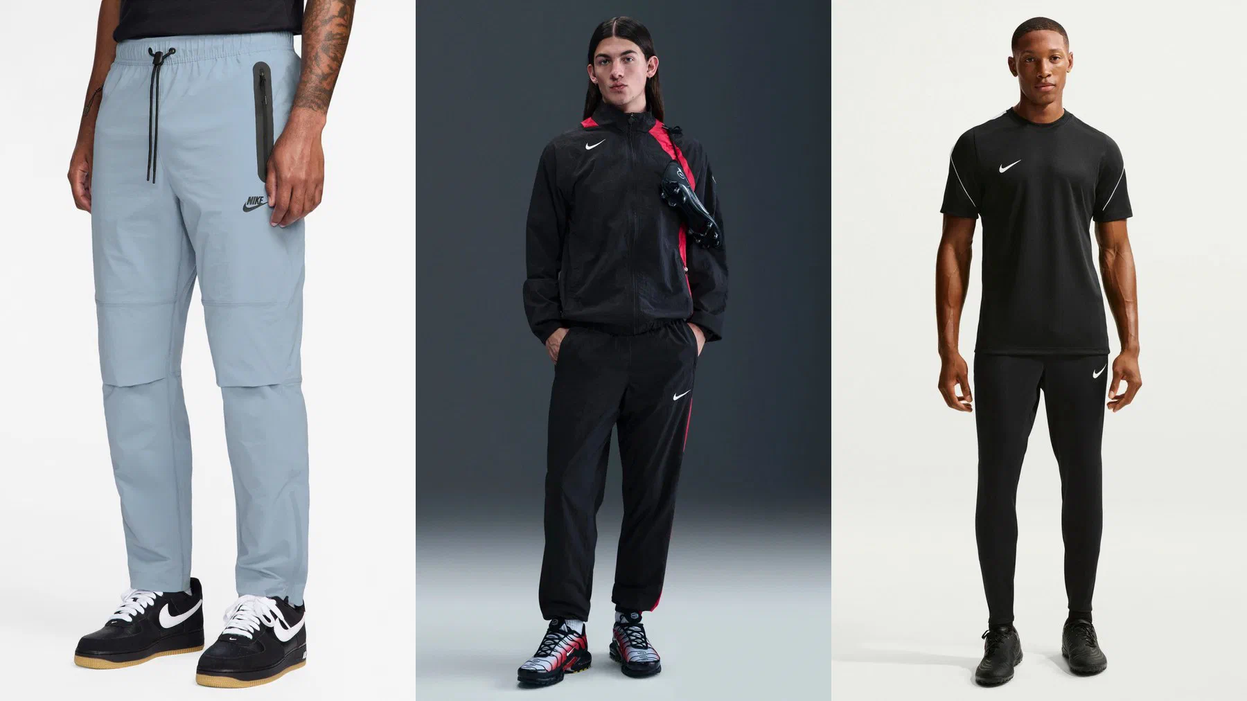 Pantalon Nike Tech Woven gris bleu porté, pantalon Nike Total 90 noir ample porté et pantalon Nike Strike noir ajusté