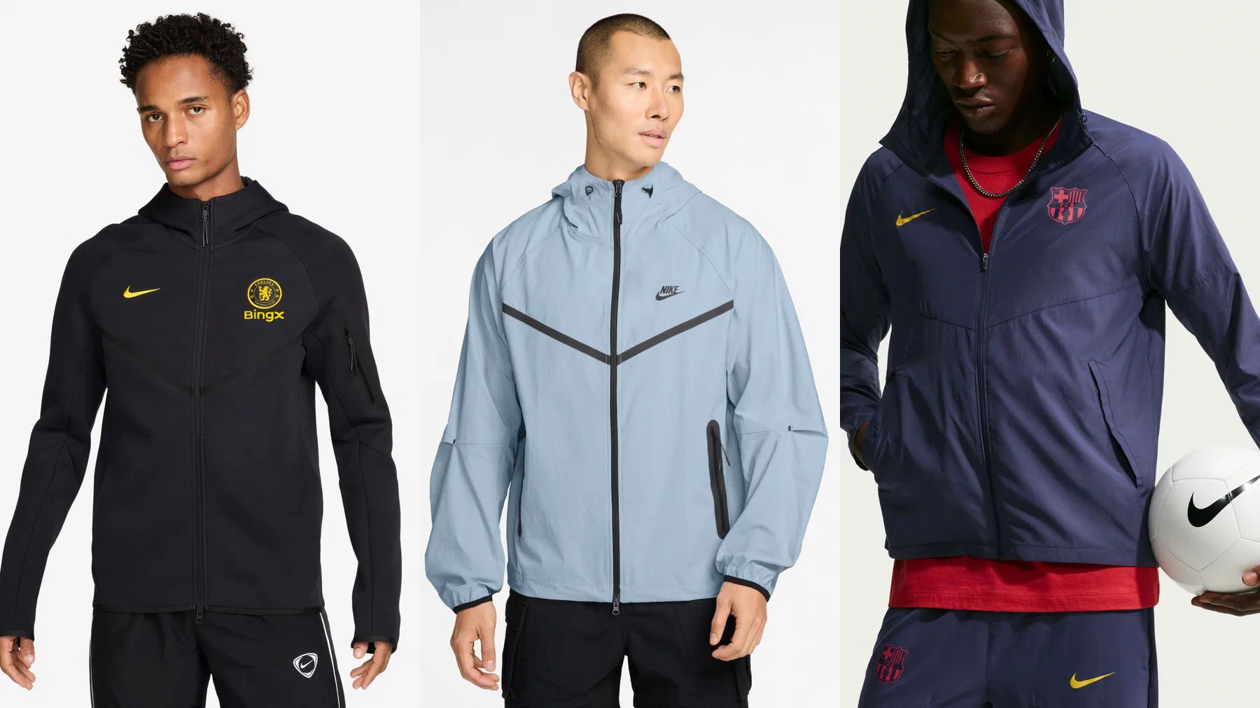Veste Tech Fleece Chelsea noire, veste Nike Tech Woven gris bleu et veste running FC Barcelone bleu nuit portées