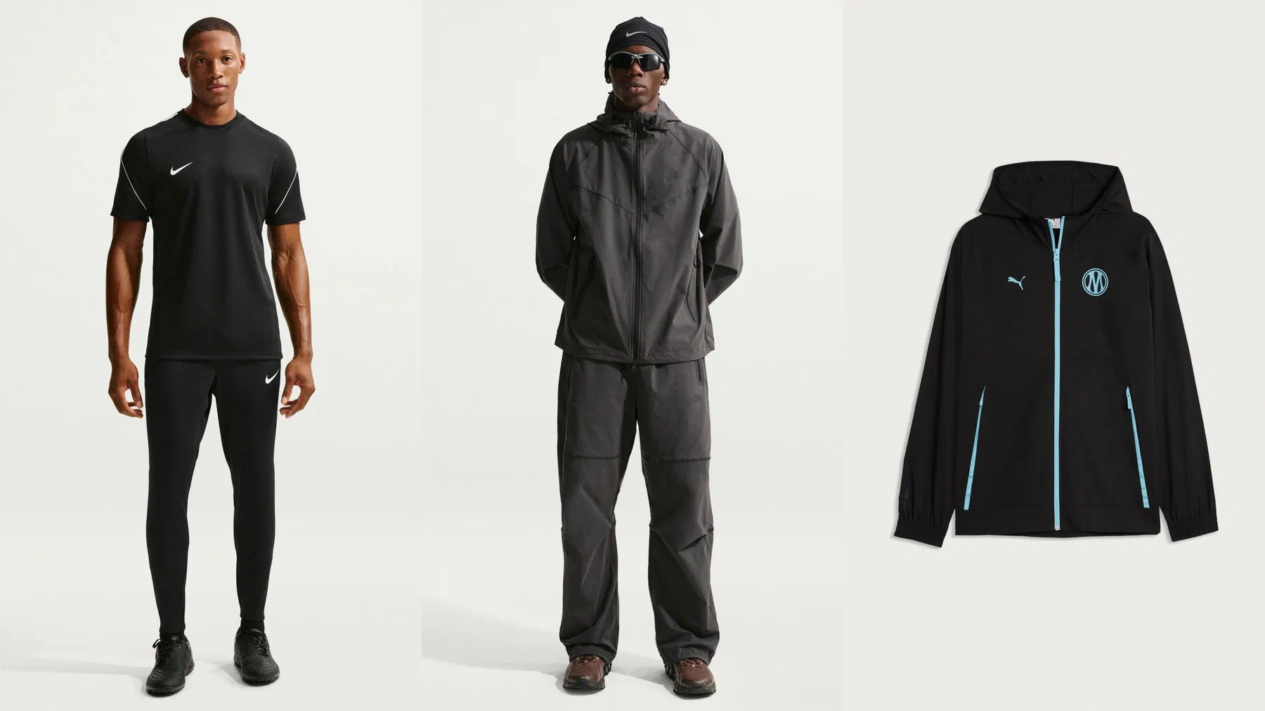 Pantalon Nike Strike noir porté près du corps, ensemble Nike Tech Woven gris ample et veste tissée OM PumaTech noire