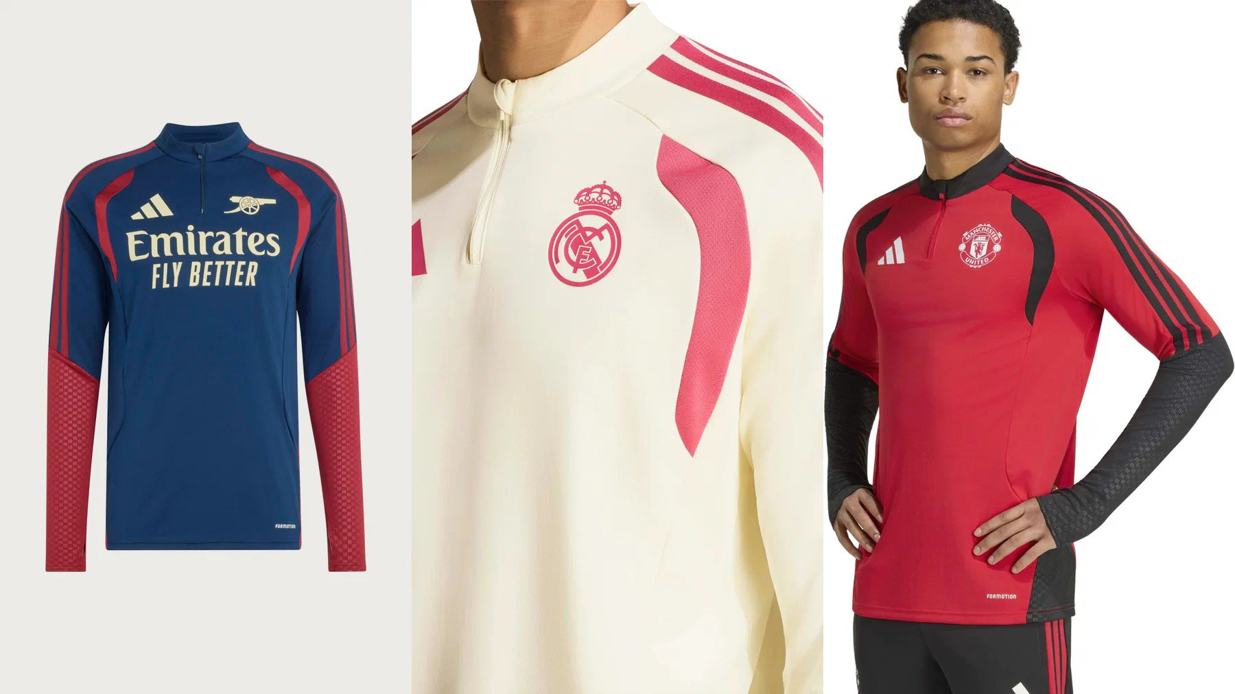 Hauts d'entraînement adidas d'Arsenal bleu marine, du Real Madrid ivoire à bandes framboise et de Manchester United rouge, tous coupés sur le même patron