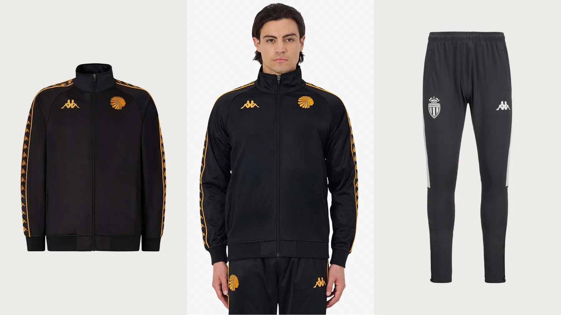 Veste de survêtement Kappa Kaizer Chiefs noire à bandes de logos dorées sur les manches, de face et portée, et pantalon AS Monaco gris anthracite