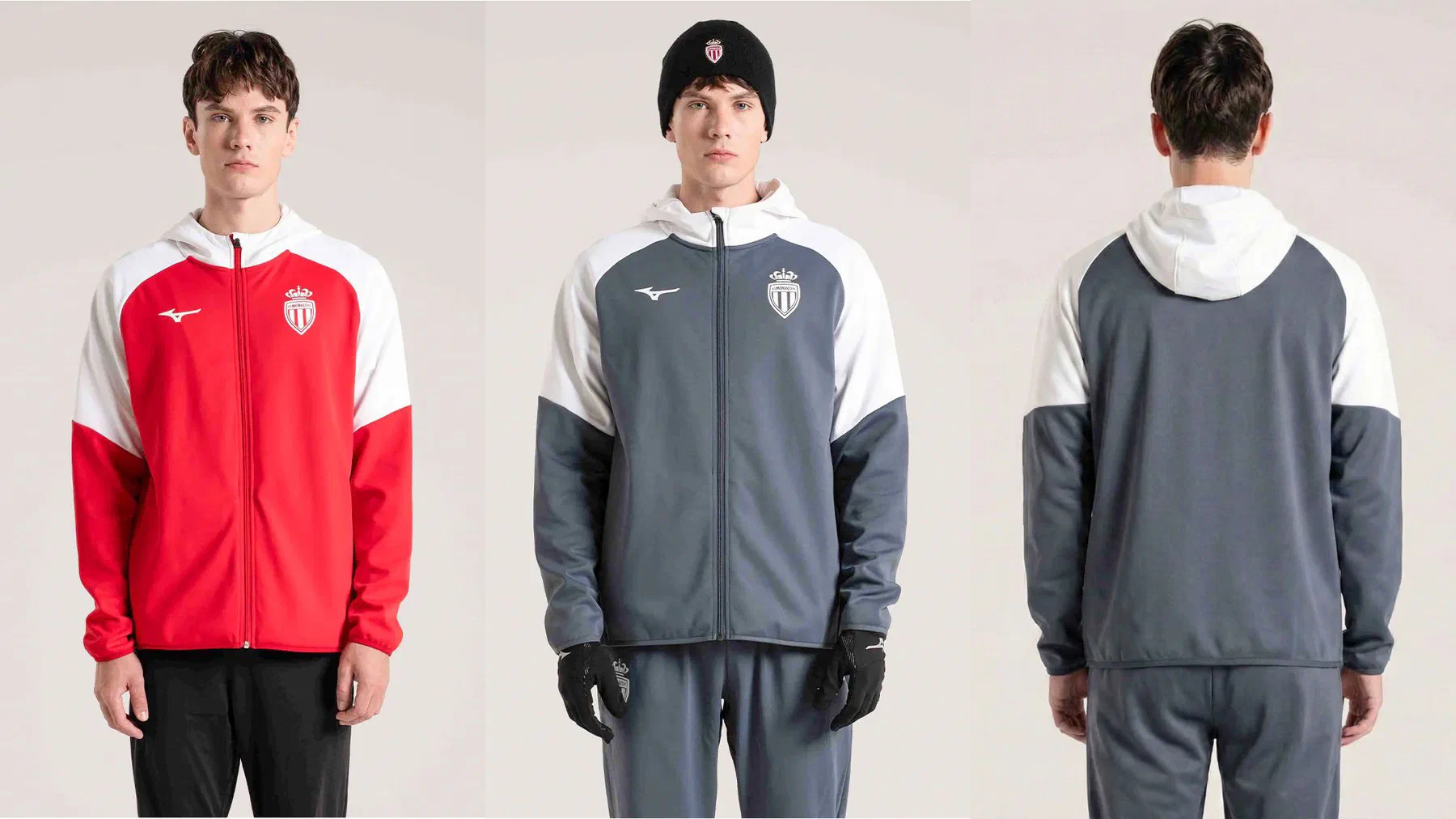 Veste à capuche AS Monaco Mizuno rouge et blanche portée, la même en gris et blanc de face et de dos