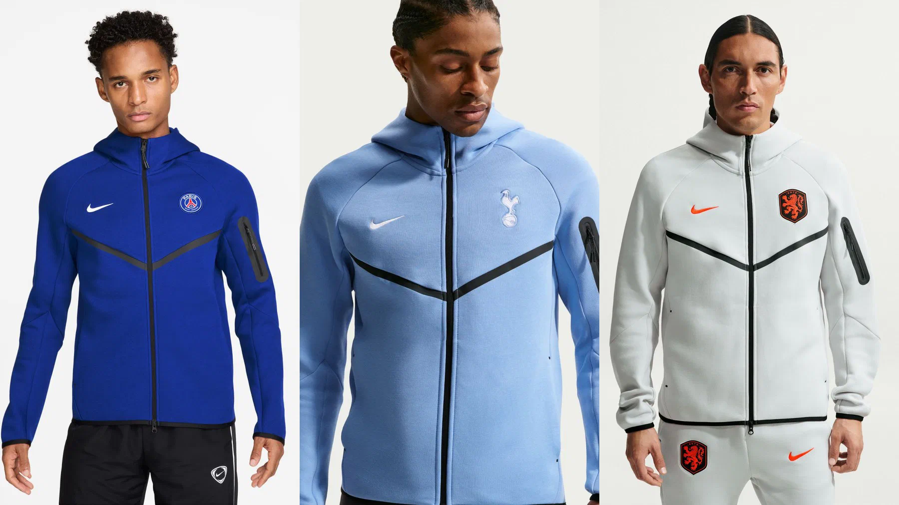 Trois vestes Tech Fleece Nike portées : PSG bleu roi, Tottenham bleu ciel et Pays-Bas gris clair, avec la même capuche et le même chevron noir sur la poitrine