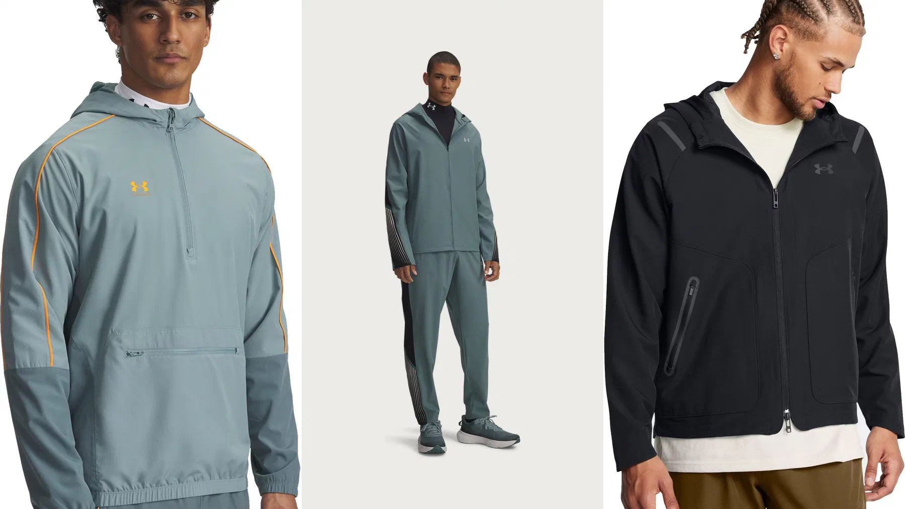 Sweat à capuche Under Armour Challenger gris-bleu à passepoils orange, ensemble Velocity Storm porté et veste à capuche Unstoppable noire