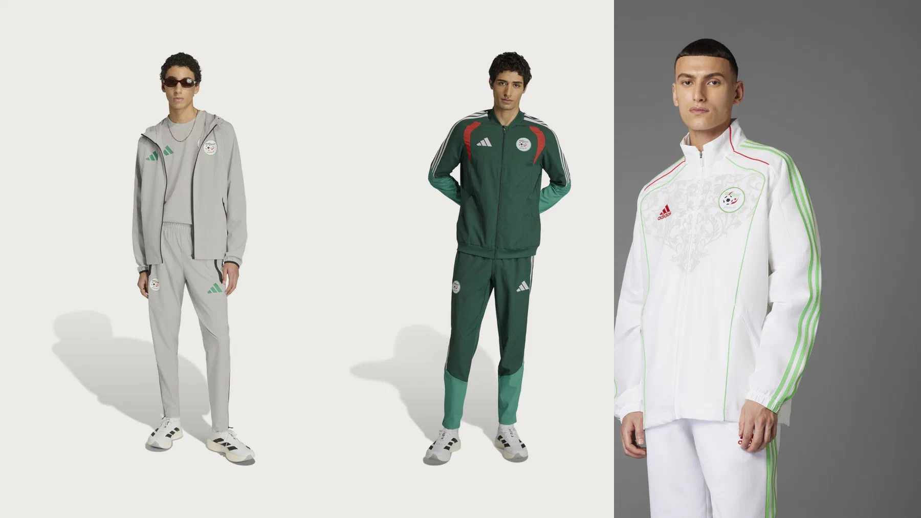 Ensemble gris à capuche, survêtement tissé vert à bandes rouges et veste blanche à motif en relief de l'Algérie, portés