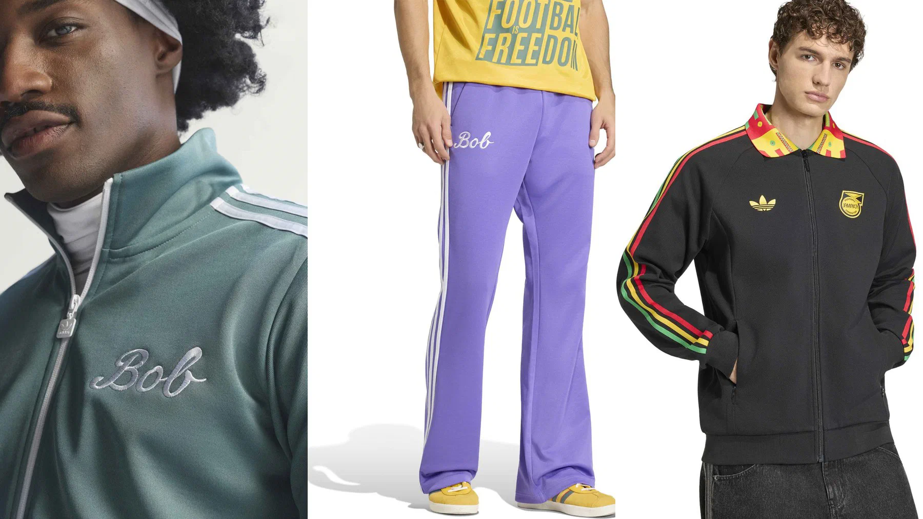 Veste vert de gris brodée Bob, pantalon violet évasé et veste noire à col tricolore de la collection adidas Originals Jamaïque x Bob Marley