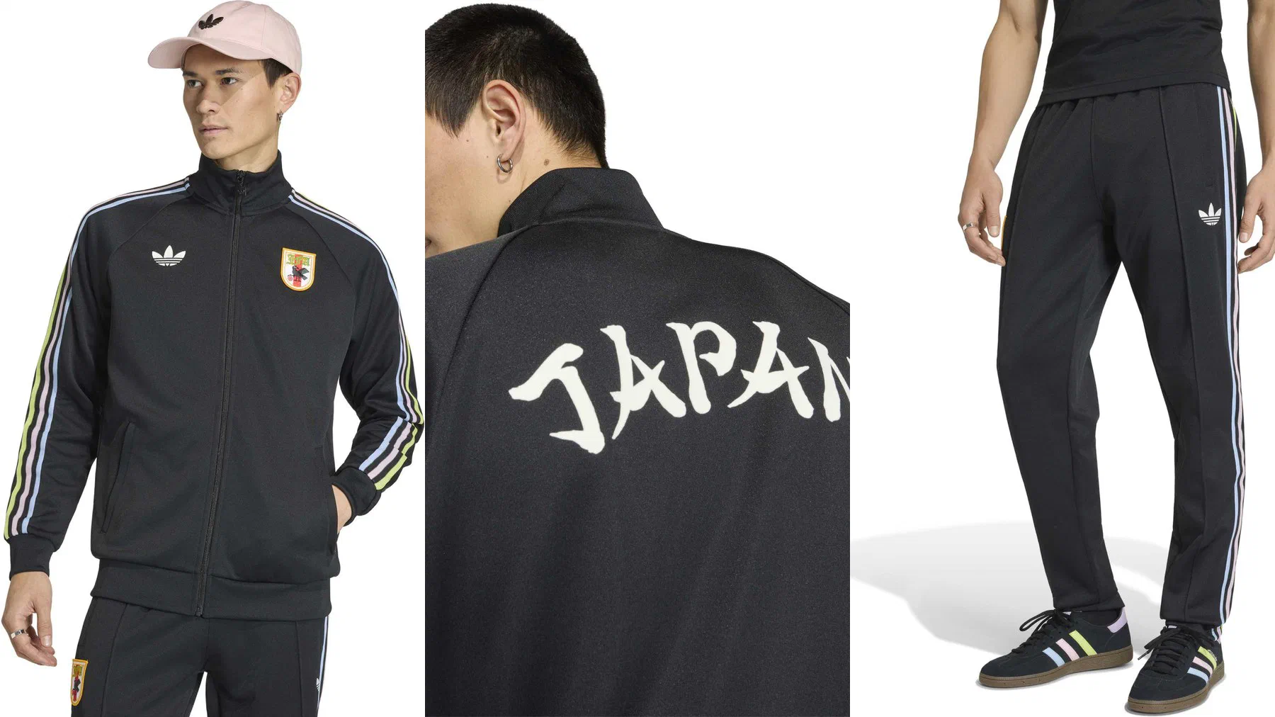 Veste Originals noire du Japon à bandes pastel, détail du lettrage JAPAN dans le dos et pantalon assorti porté