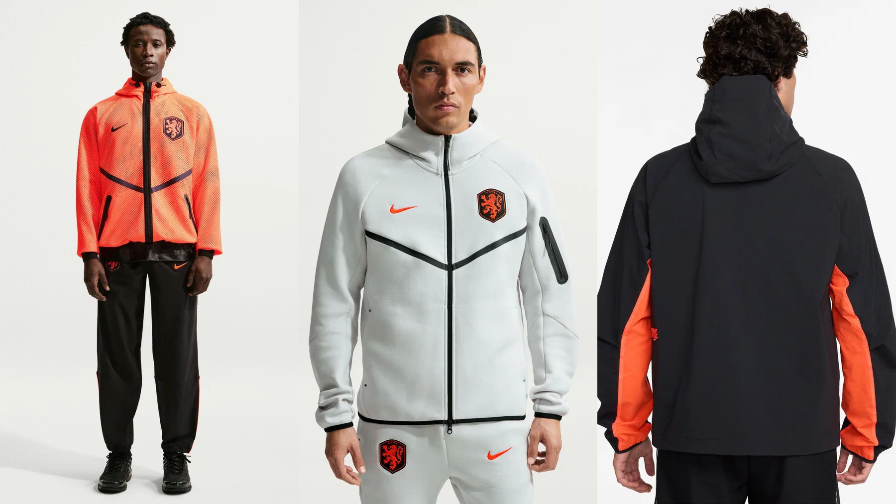 Veste Anthem Pays-Bas orange en filet portée sur un pantalon noir, veste Tech Fleece gris clair au lion orange, dos d'une veste Tech Woven noire à flancs orange