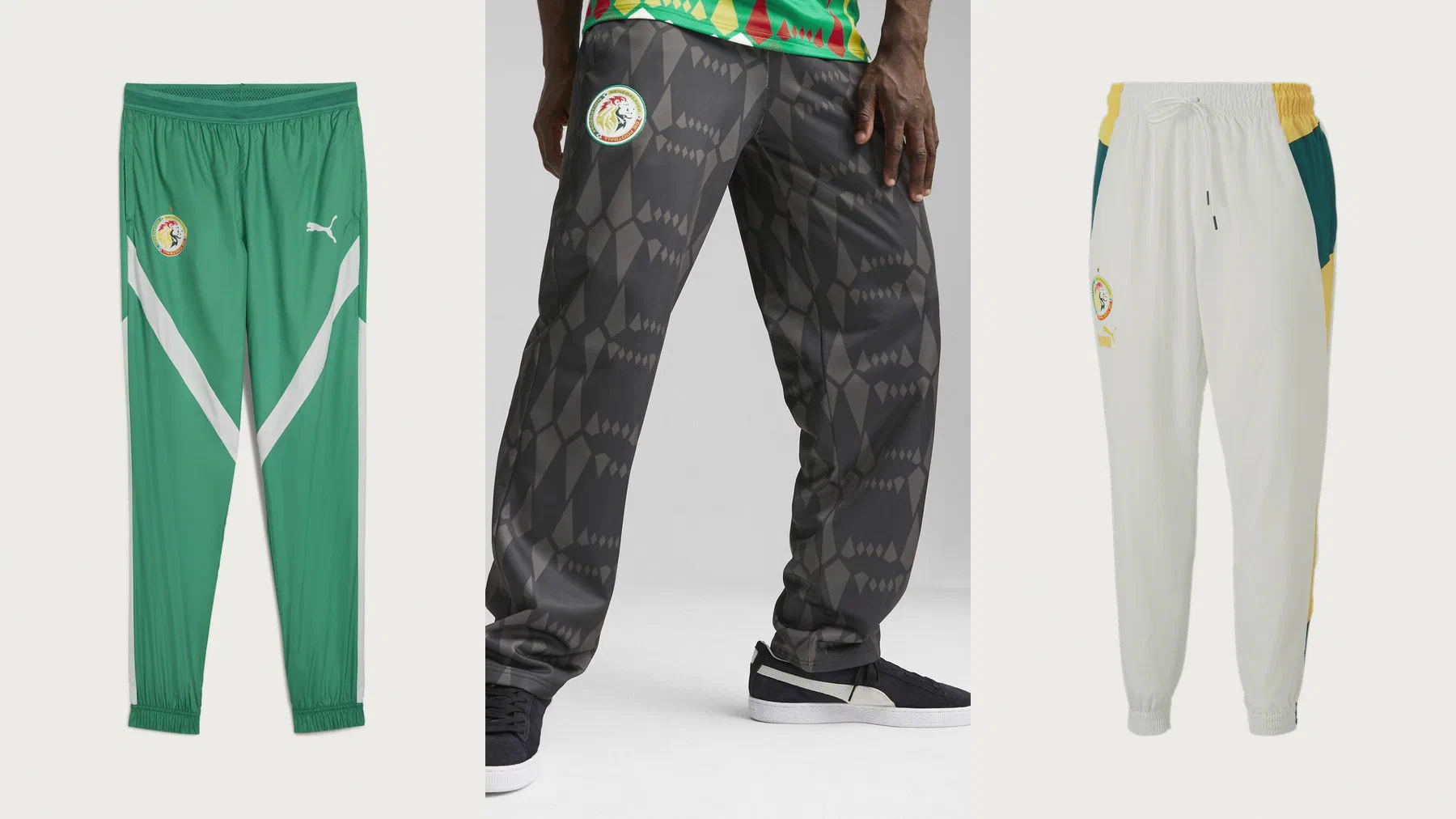 Pantalon tissé vert à chevrons blancs, pantalon gris à motif porté et pantalon blanc à bandes jaune et vert du Sénégal