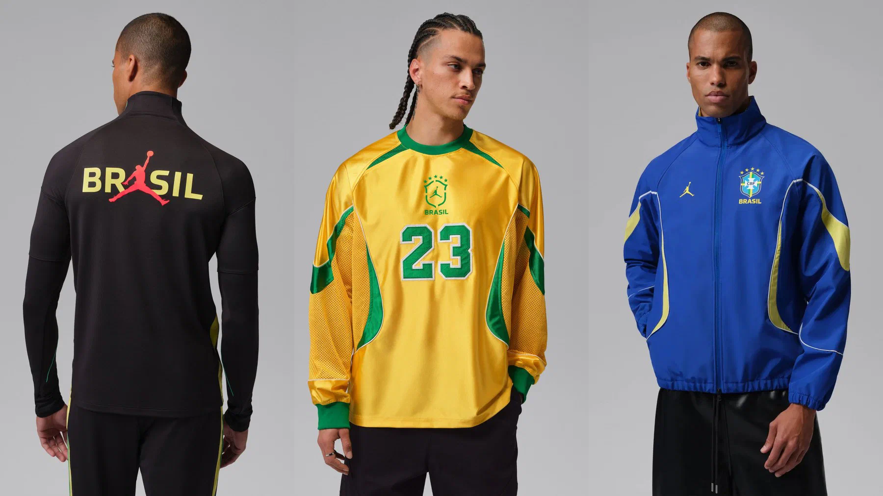 Haut Strike Brésil noir avec BRASIL et le logo Jumpman dans le dos, sweat Jordan jaune numéro 23 et veste Anthem Jordan bleue à empiècements jaunes