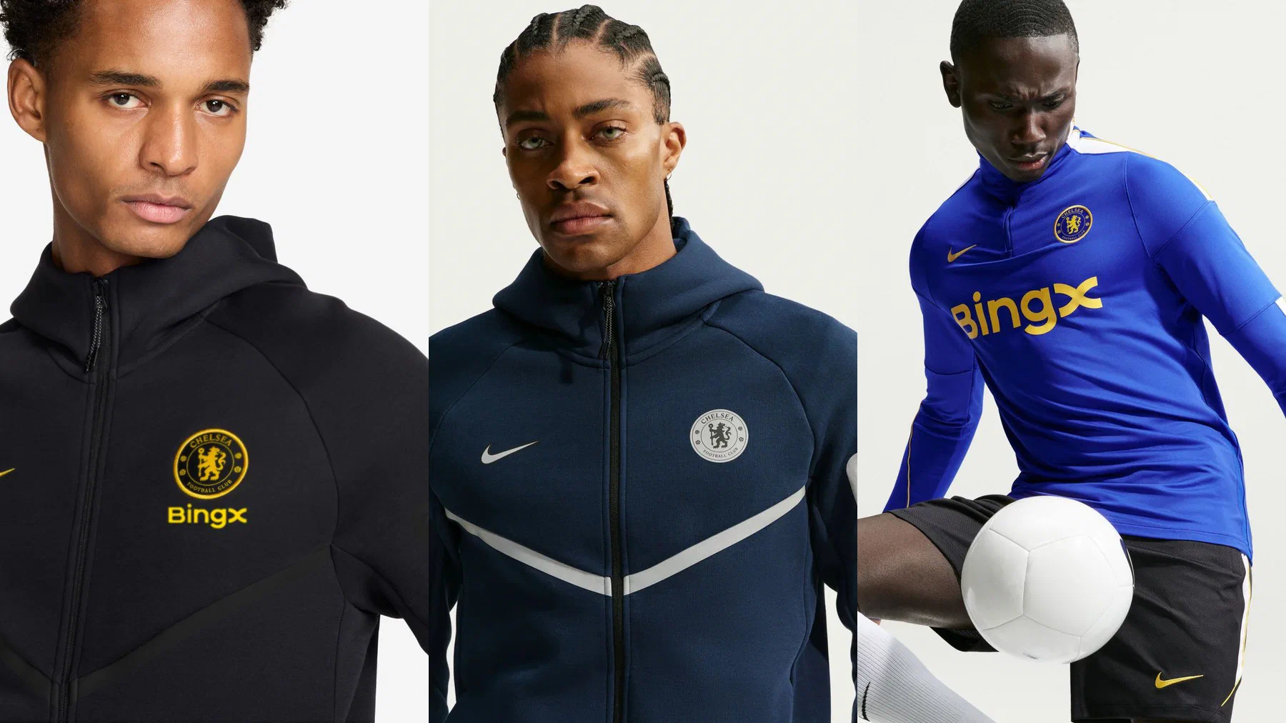Veste Tech Fleece Chelsea noire à swoosh doré, veste Tech Fleece bleu marine à bande grise et haut Strike bleu roi porté balle au pied