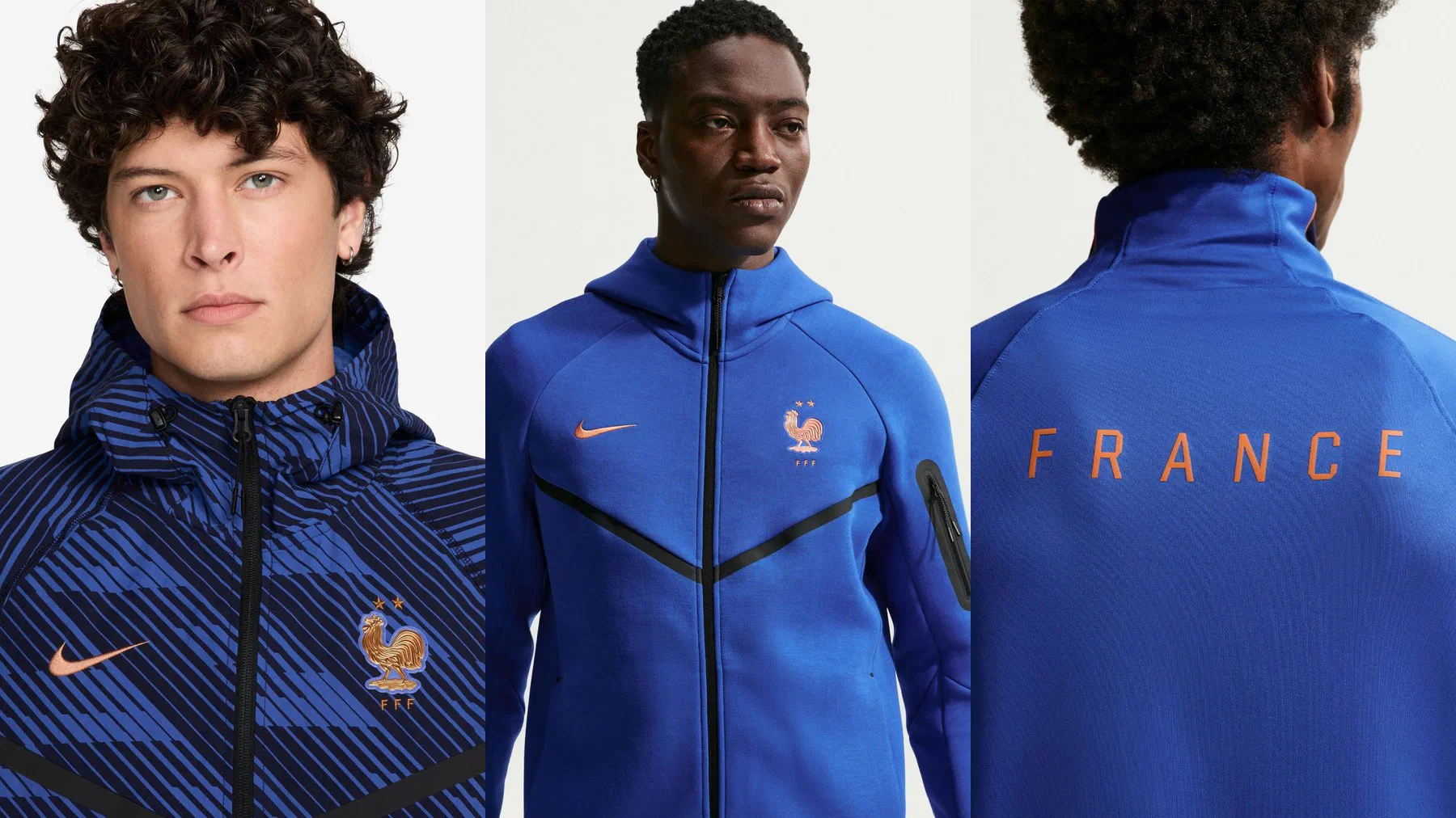 Veste Tech Woven équipe de France à rayures bleues, veste Tech Fleece bleu roi et haut Strike marqué FRANCE en lettres cuivrées dans le dos
