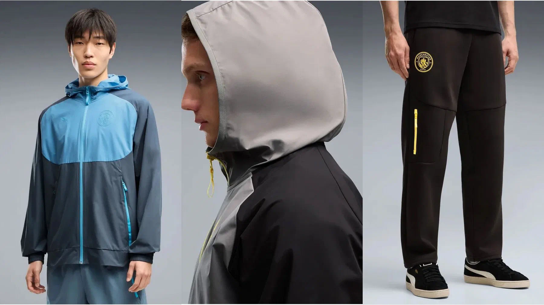 Veste tissée PUMATECH Manchester City bleue portée, veste noire à capuche grise et pantalon PUMATECH noir à zip jaune