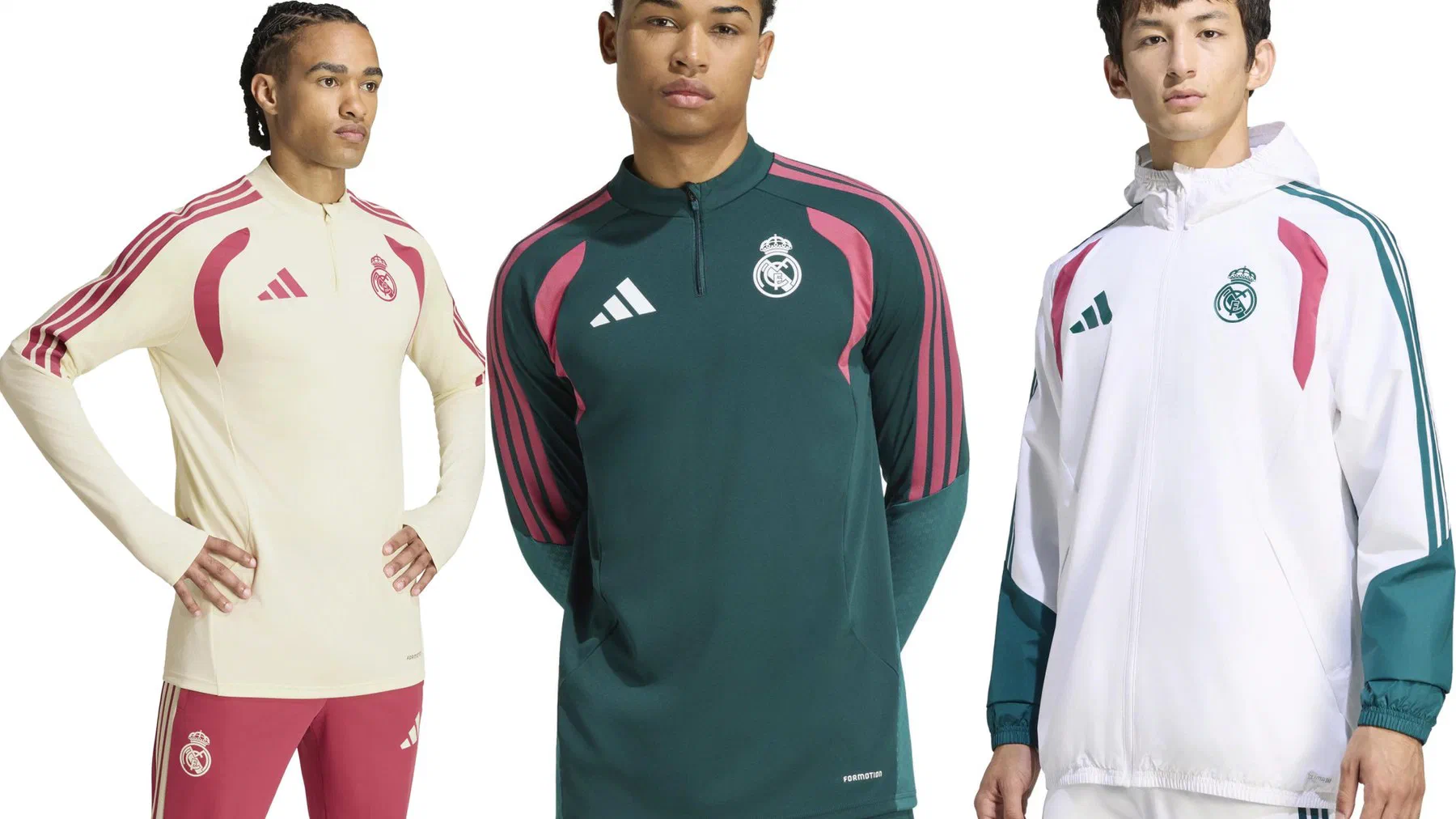 Haut d'entraînement Real Madrid 2026/27 ivoire à bandes framboise, haut Tiro26 vert à bandes roses et veste imperméable blanche à manches vertes, portés