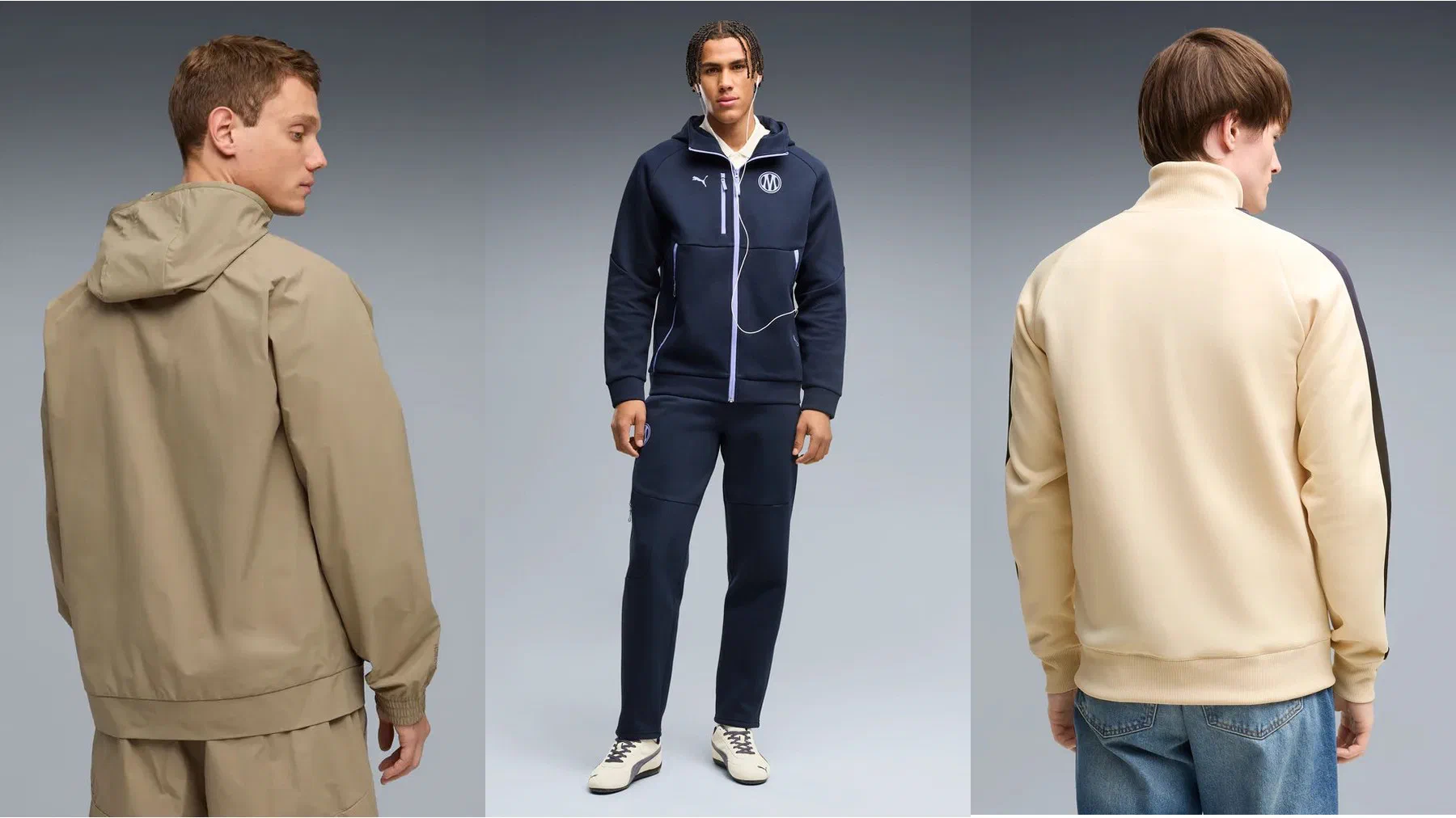 Veste tissée PUMATECH OM beige vue de dos, ensemble PUMATECH marine à zips lavande porté et veste T7 crème à bande sombre sur la manche