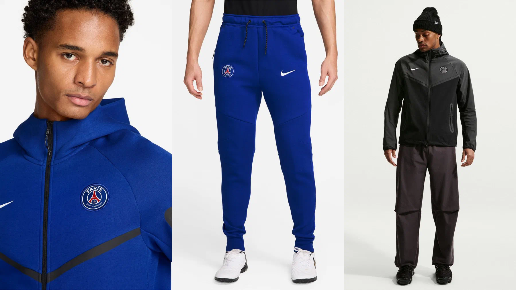 Veste Tech Fleece PSG bleu roi, pantalon Tech Fleece assorti et veste Tech Woven noire portés