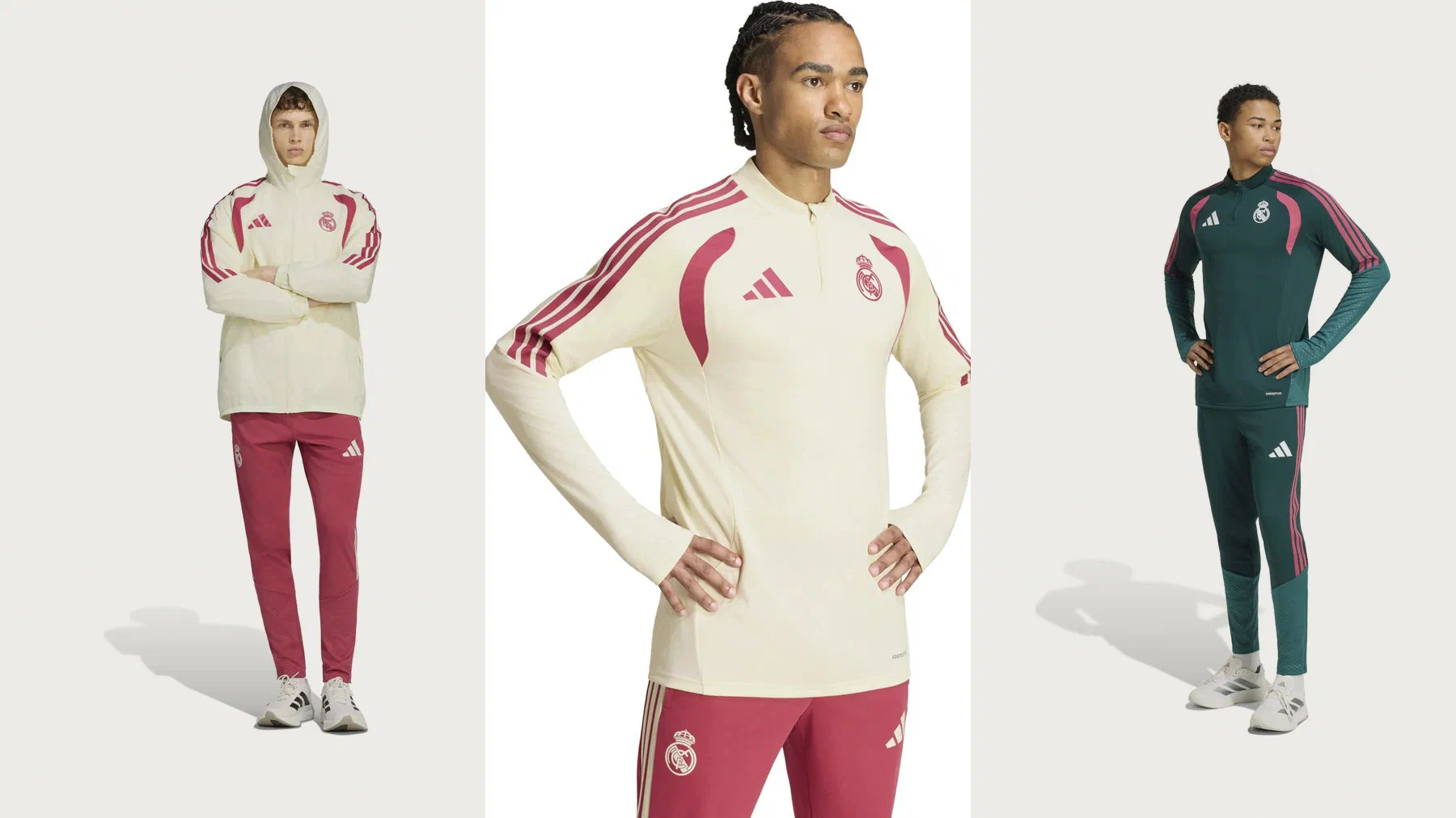 Veste imperméable ivoire et pantalon framboise, sweat zippé ivoire à bandes framboise et ensemble vert sapin du Real Madrid portés