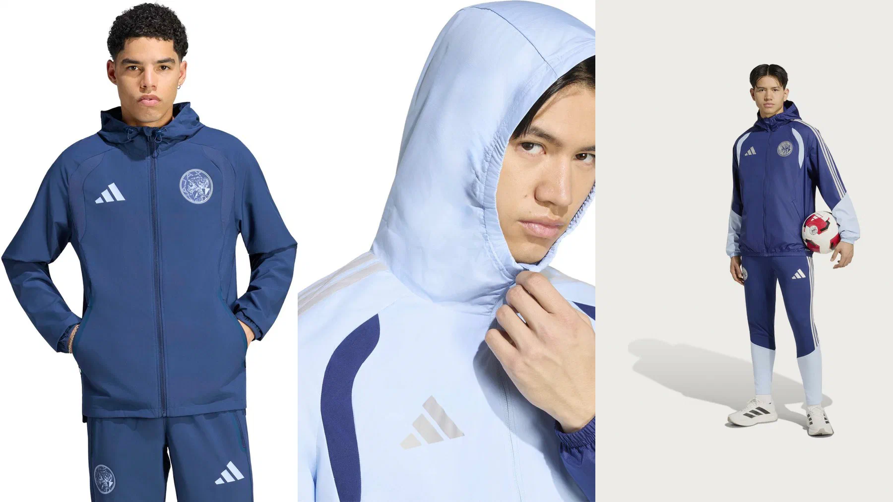 Veste à capuche Ajax bleu acier portée, capuche bleu ciel de la veste imperméable et coupe-vent bleu marine porté avec le pantalon bicolore