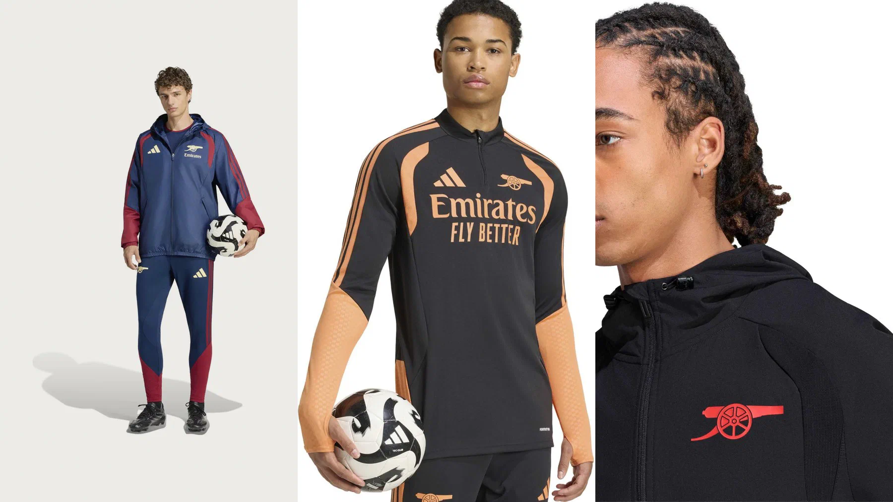 Veste imperméable Arsenal marine à manches rouges portée avec le pantalon assorti, haut d'entraînement noir et orange floqué Emirates, et capuche noire au canon rouge