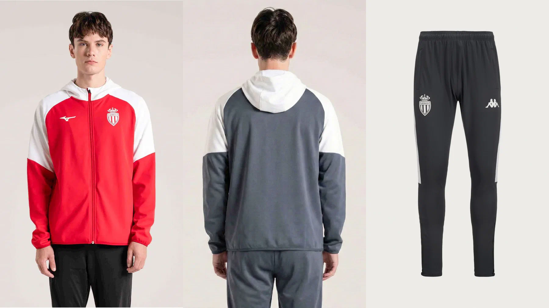 Veste à capuche AS Monaco Mizuno rouge et blanche portée, la même en gris vue de dos, et pantalon Kappa anthracite à bande blanche
