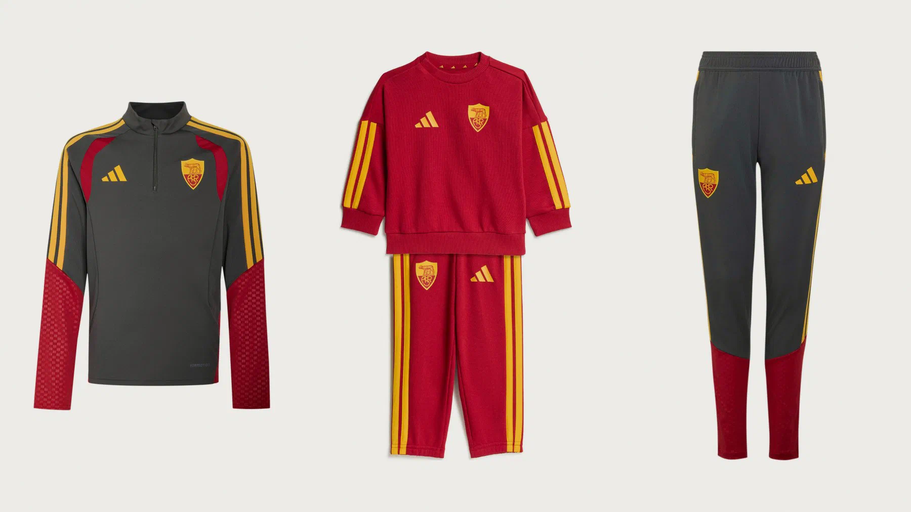 Sweat d'entraînement junior AS Roma gris à manches rouges, ensemble bébé rouge à bandes jaunes et pantalon junior gris à bas de jambe rouge