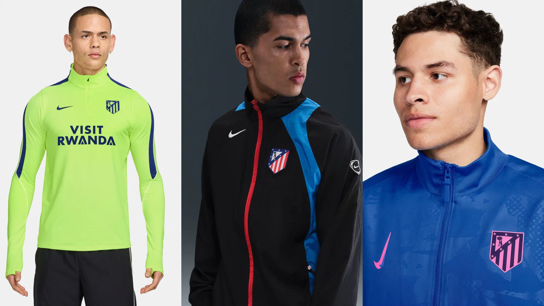 Sweat Strike jaune fluo, veste tissée noire à bande bleue et veste Anthem bleue de l'Atlético de Madrid portés