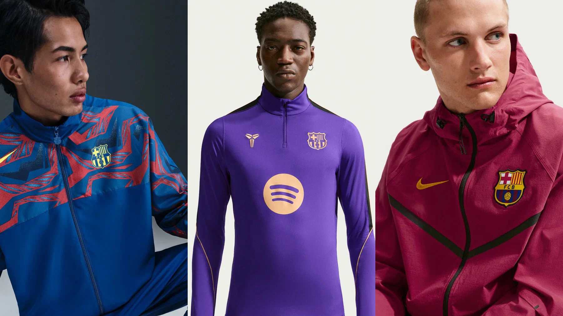 Veste tissée rétro bleue du FC Barcelone, sweat Kobe Bryant violet et veste Tech Woven grenat portés