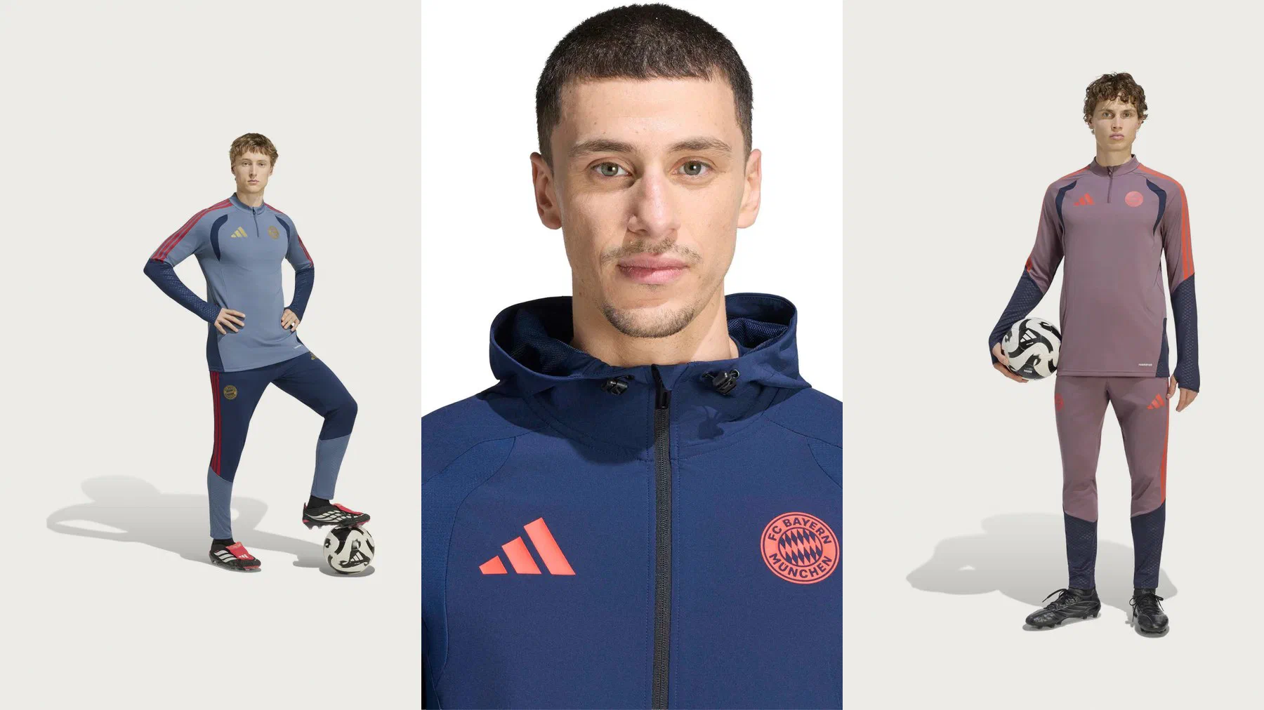 Ensemble d'entraînement bleu acier, veste Travel bleu marine à capuche et ensemble mauve du Bayern Munich portés