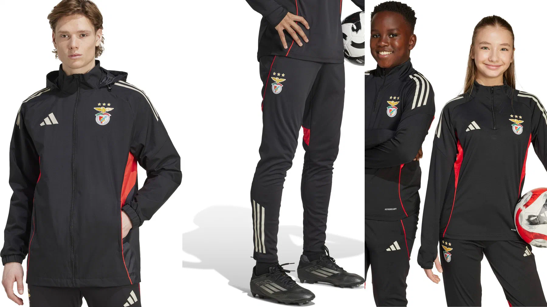 Coupe-vent Benfica noir à flancs rouges porté, pantalon noir à bandes crème et deux enfants en sweat zippé noir du club