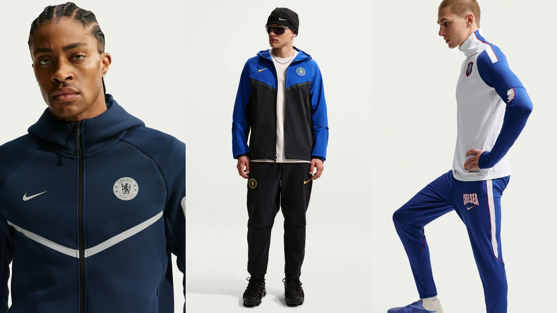Veste Tech Fleece Chelsea marine à chevron gris clair, veste Tech Woven bleu roi et noire portée avec son pantalon, et pantalon Strike bleu floqué CHELSEA