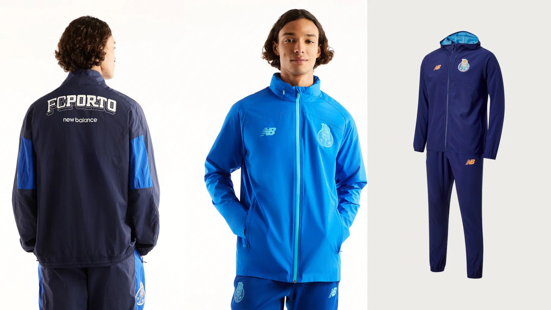 Dos du haut tissé FC Porto bleu marine avec l'inscription FC PORTO, veste bleu vif portée et ensemble à capuche bleu marine