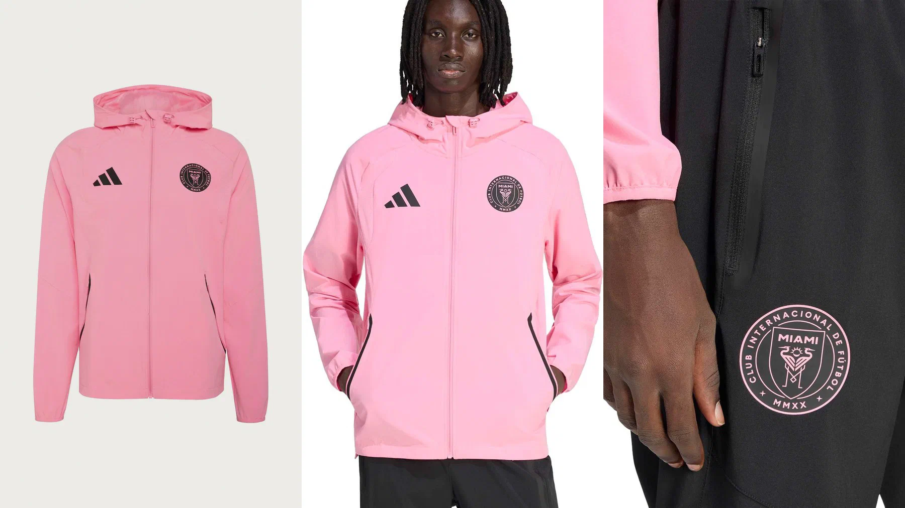 Veste à capuche Inter Miami rose à plat et portée, gros plan sur l'écusson rose du pantalon noir