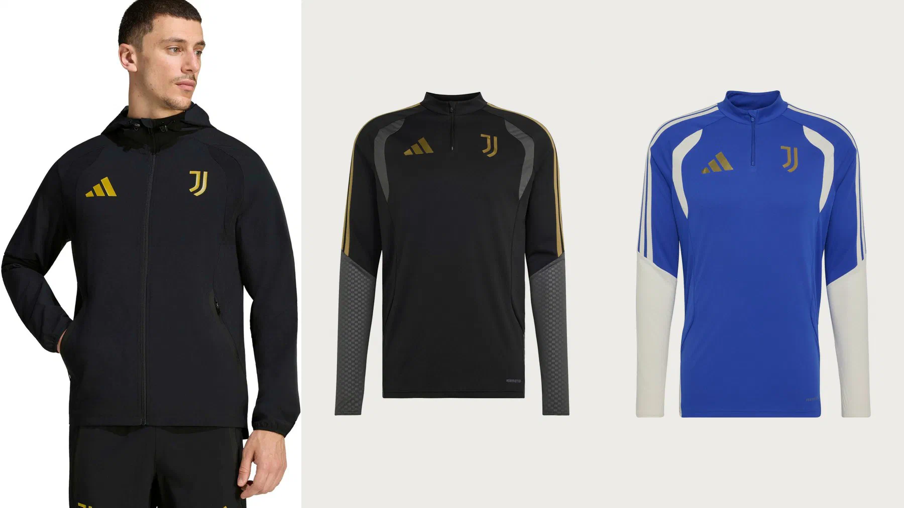 Veste Travel Juventus noire à logos or portée, sweat d'entraînement noir et or et sweat bleu roi à manches blanches