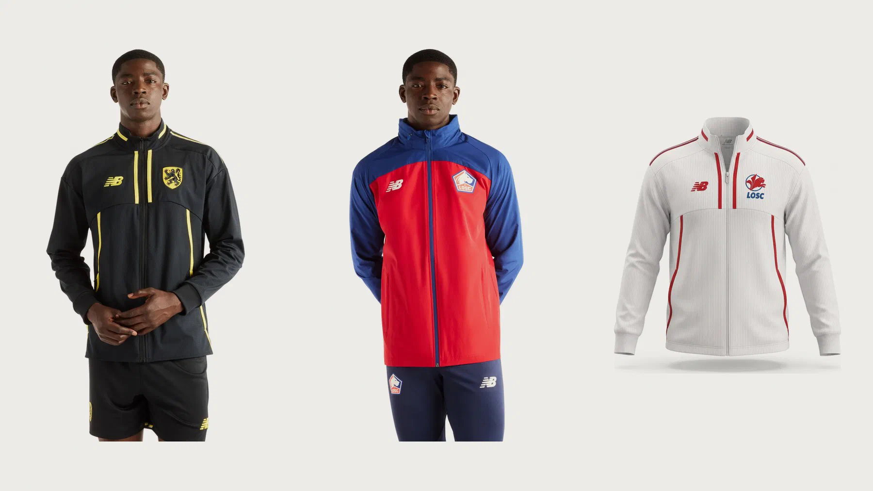 Veste d'avant-match LOSC noire à liserés jaunes et lion des Flandres, veste imperméable rouge et bleu portée, veste blanche à liserés rouges et logo rétro