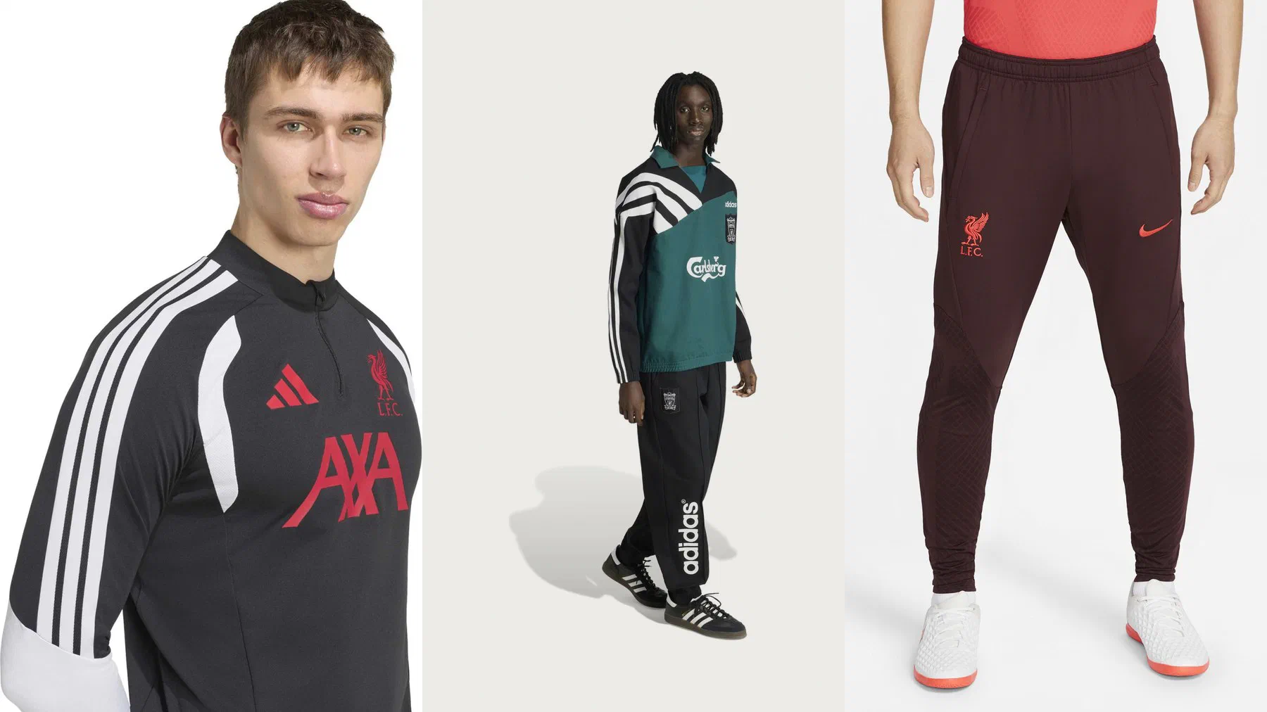 Haut d'entraînement adidas Liverpool noir à bandes blanches porté, sweat rétro vert et noir floqué Carlsberg, et pantalon Nike Strike bordeaux