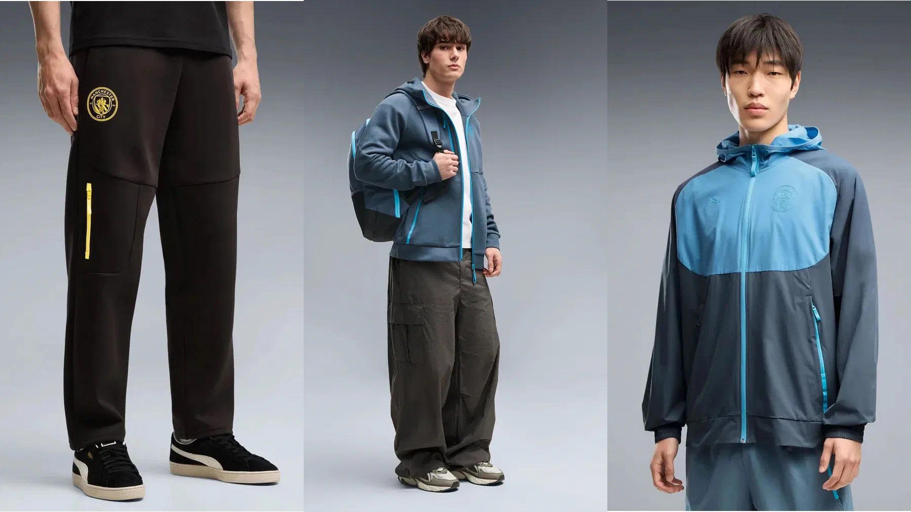 Pantalon PumaTech Manchester City noir à poche zippée jaune, veste à capuche PumaTech bleu acier portée avec un sac à dos, et veste PumaTech Woven bleue