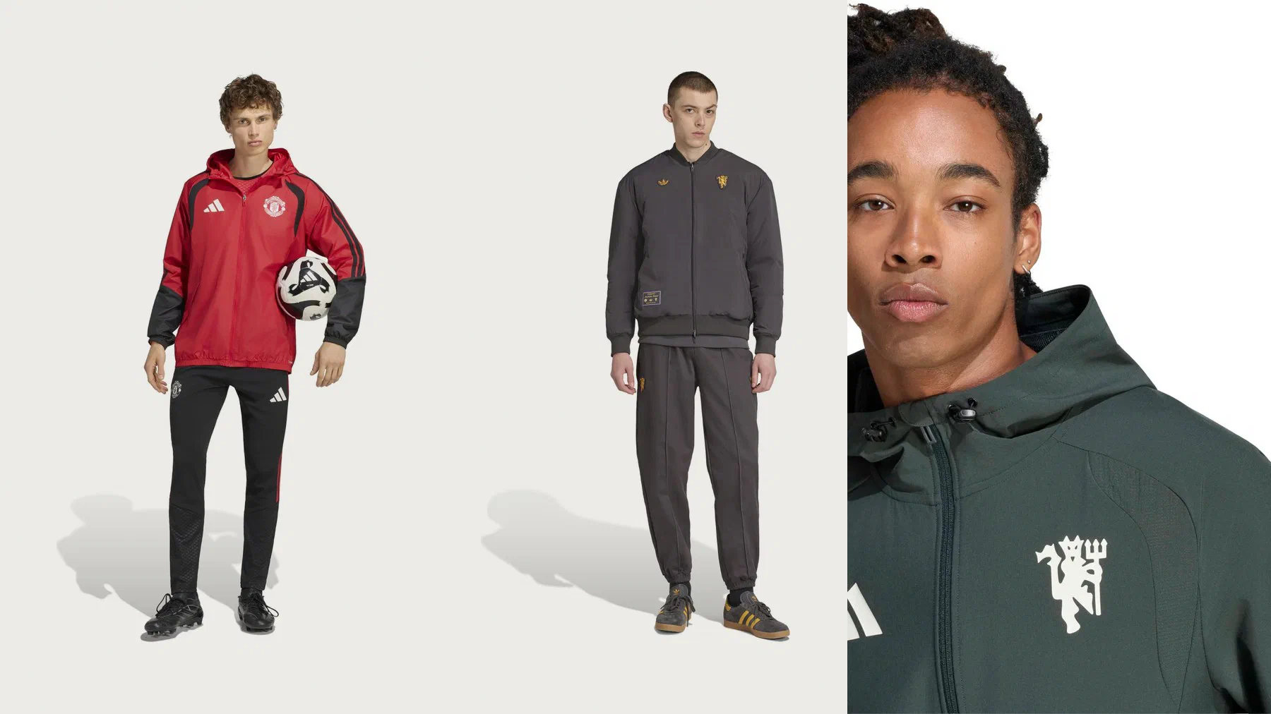 Veste imperméable Manchester United rouge à manches noires portée, blouson et pantalon Icon gris à détails or, et veste à capuche Tiro Travel vert très sombre avec le diable rouge brodé