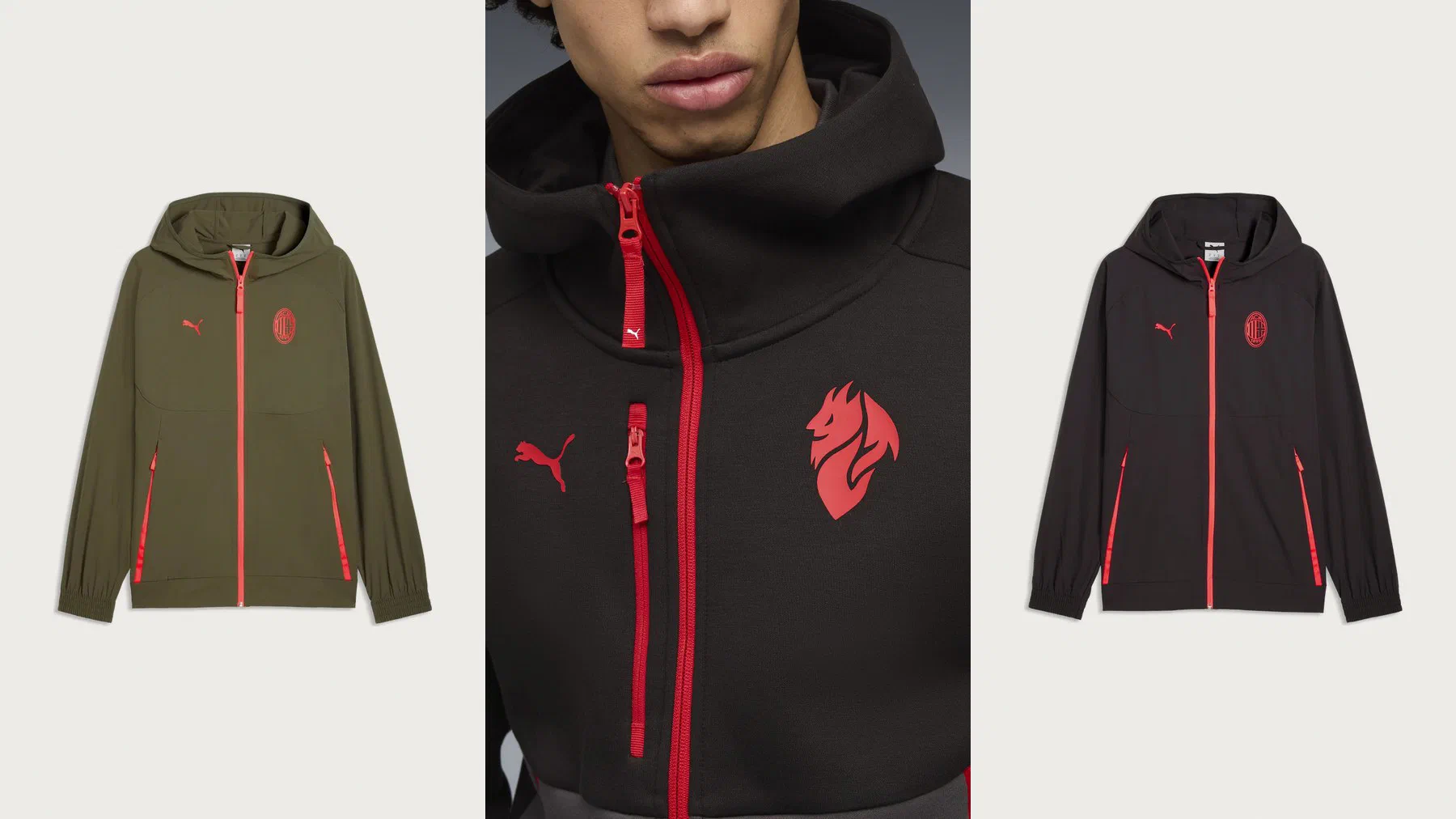 Veste tissée PumaTech Milan AC vert olive, gros plan d'une veste à capuche noire frappée d'un diable rouge et veste tissée PumaTech noire à zips rouges